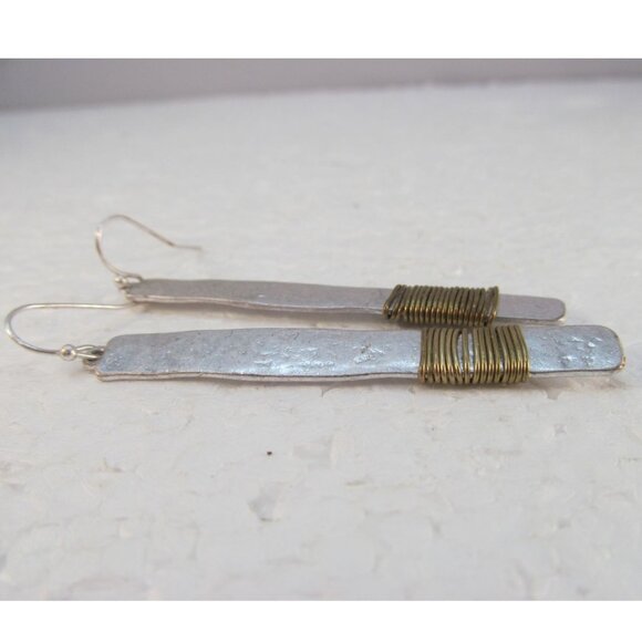 Hammered Aluminum with Copper Wire Wrap Stick Pierced Earrings - Picture 4 of 8